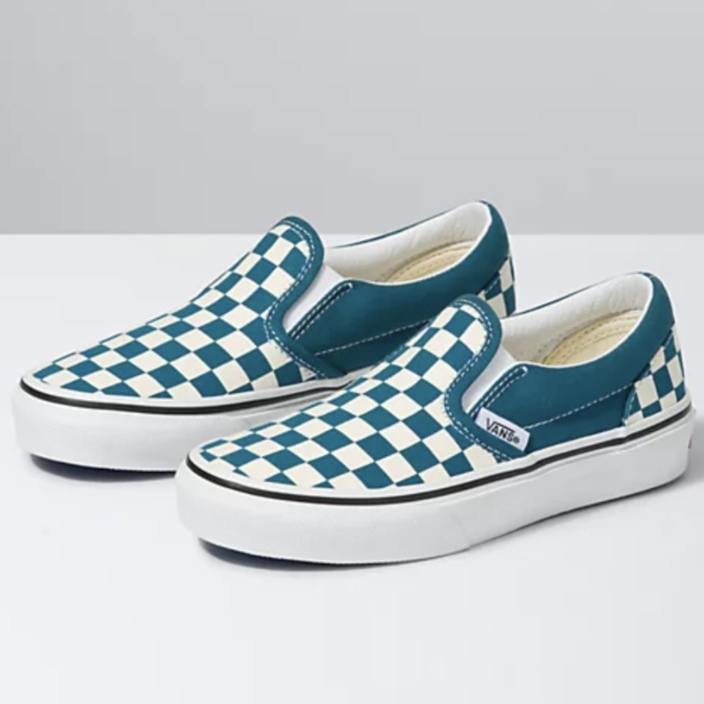 Vans kids checkerboard classic slip on blue white